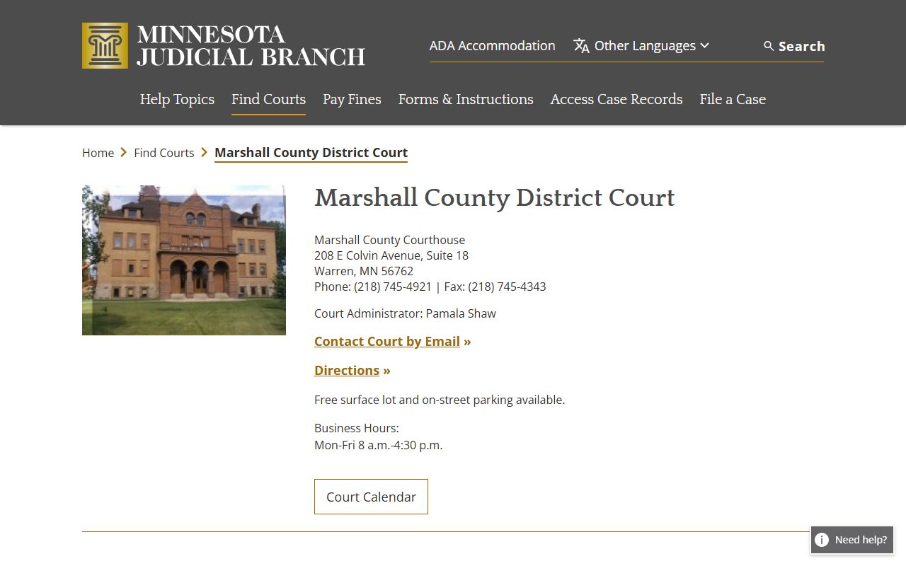 Marshall County District Court official court contact page