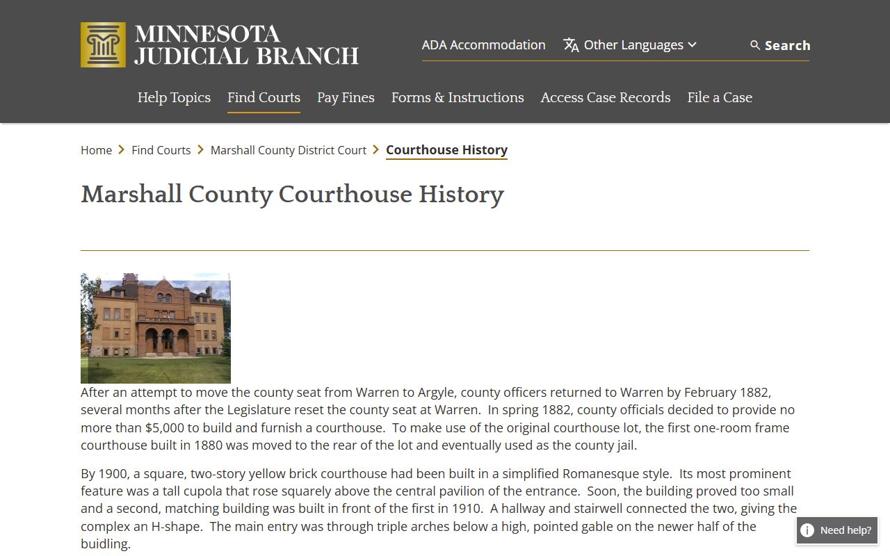 Marshall County District Court courthouse history page