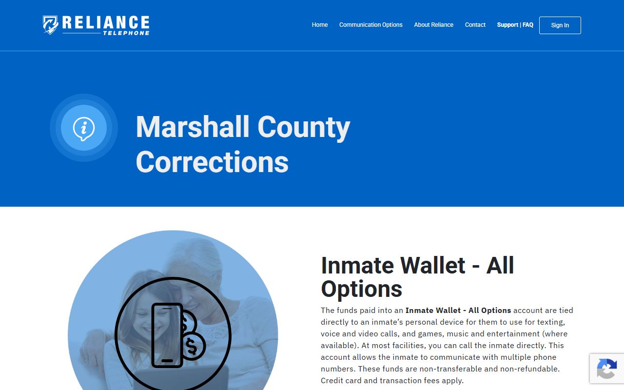 Marshall County inmate records Reliance Telephone wallet access